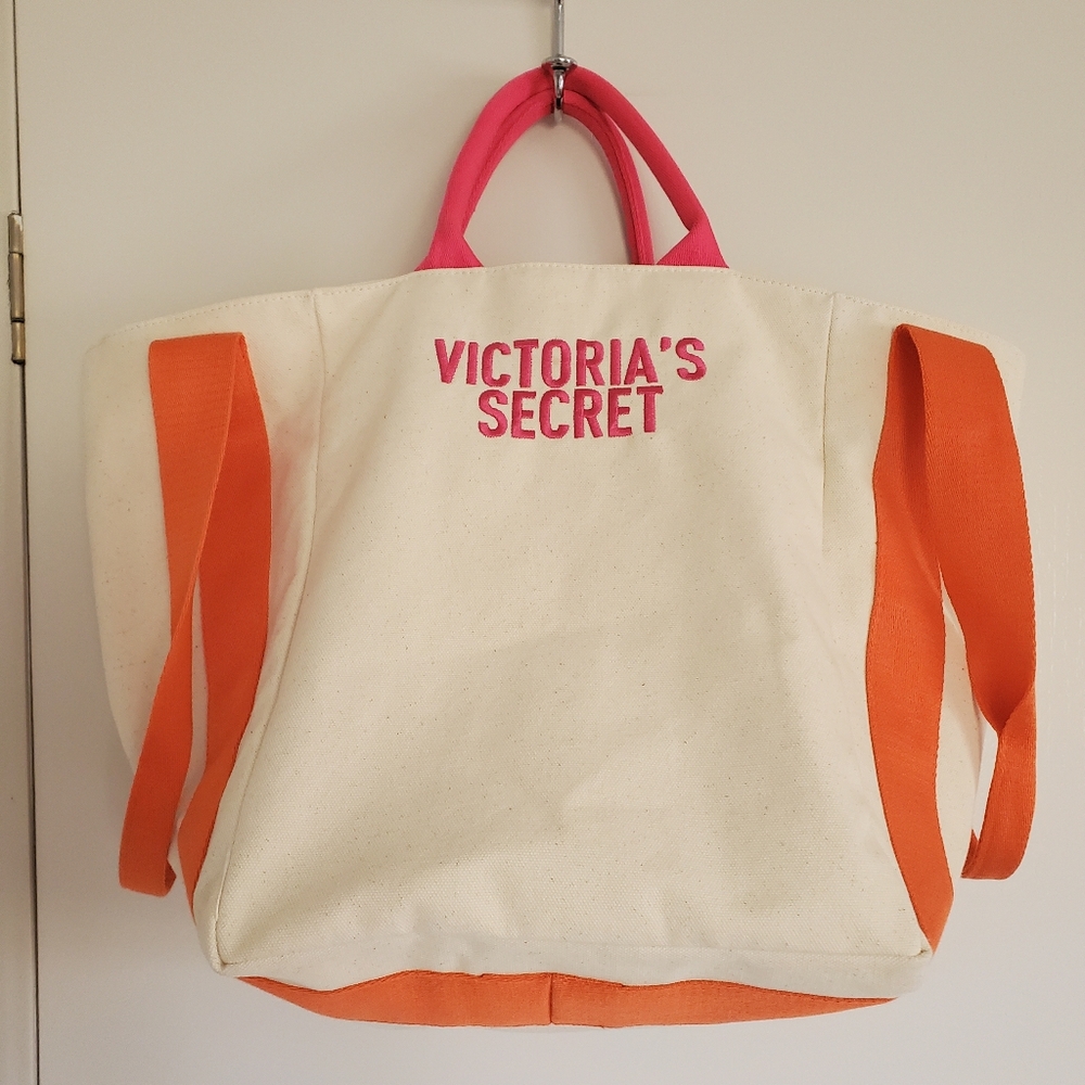 Victoria's Secret Cotton Canvas Tote Weekender Beige Cream Pink Orange